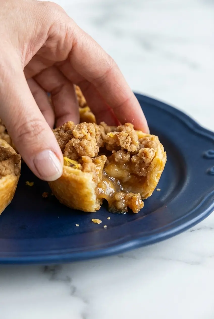Close-up of golden brown mini apple pies showing a flaky crust and crumbly browned butter streusel topping.