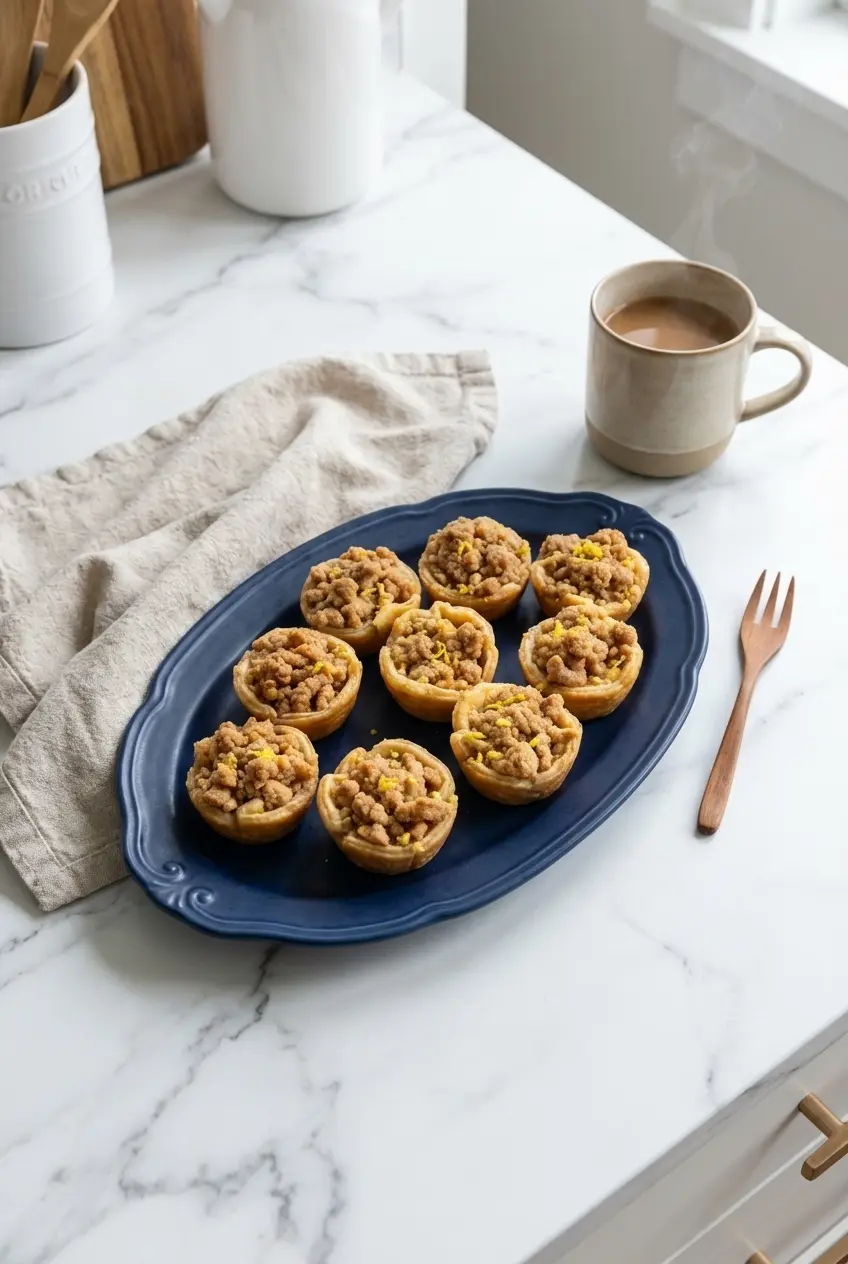 Warm mini apple pies served on a cozy fall dessert table alongside a scoop of vanilla ice cream and hot tea.