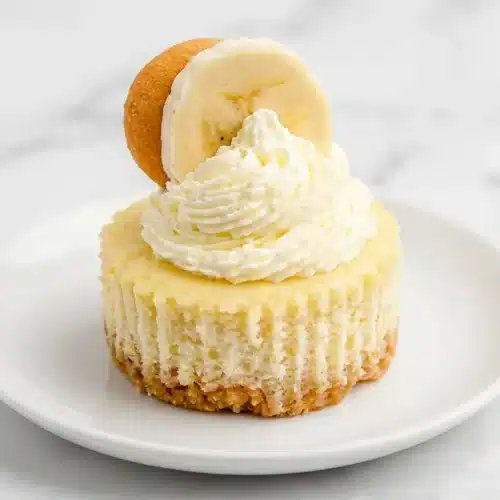 Mini Banana Pudding Cheesecakes with a velvety sour cream and flour-thickened filling on a Nilla Wafer crust.