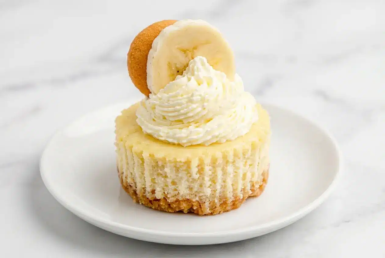 Mini Banana Pudding Cheesecakes with a velvety sour cream and flour-thickened filling on a Nilla Wafer crust.