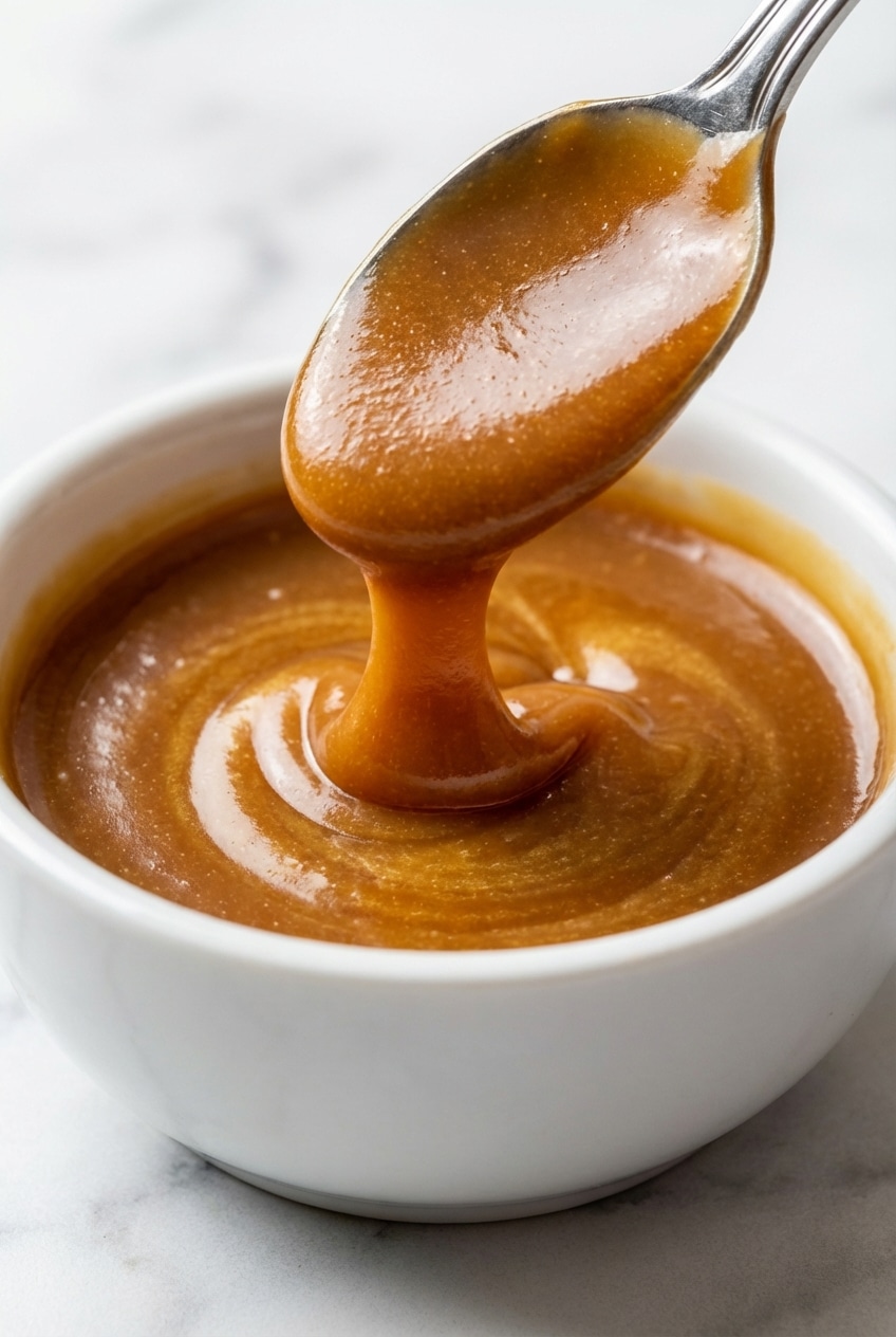 A saucepan showing the deep amber color of this miso caramel recipe gently bubbling to the perfect temperature.