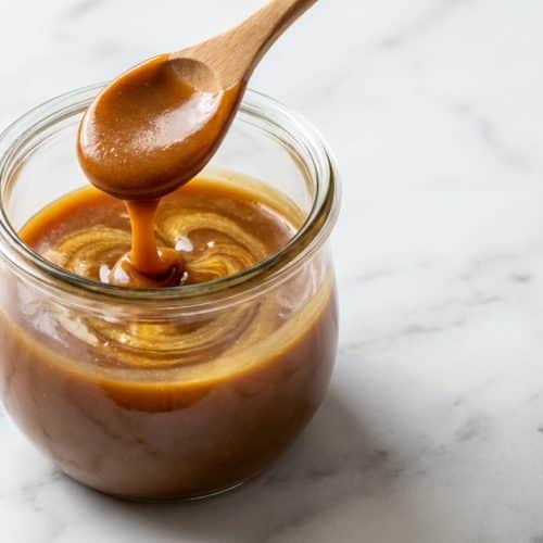 Jar of deep amber sauce made from this miso caramel recipe, featuring a glossy brown butter and toasted miso emulsion.