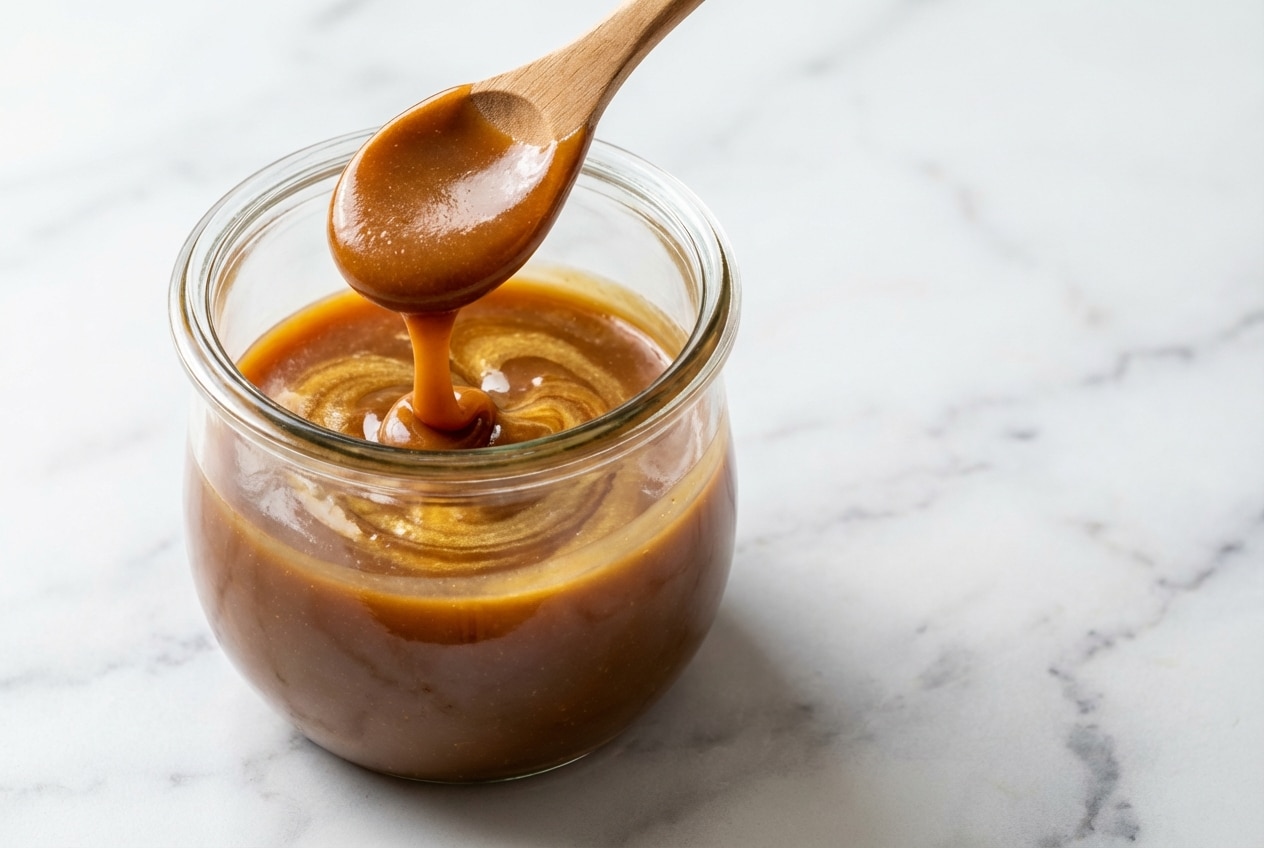 Jar of deep amber sauce made from this miso caramel recipe, featuring a glossy brown butter and toasted miso emulsion.