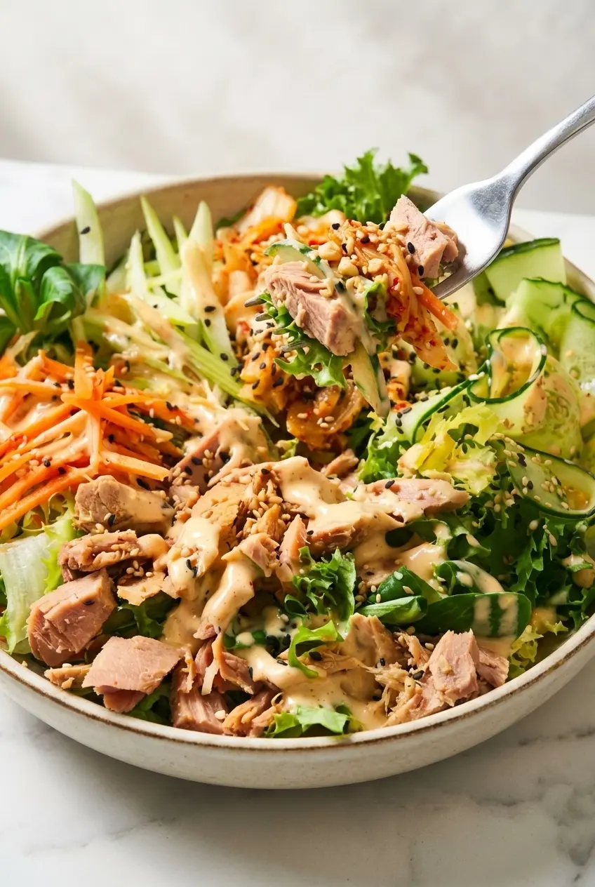Tossing fresh mixed greens and fermented cabbage together to make a flavorful bowl of kimchi salad.