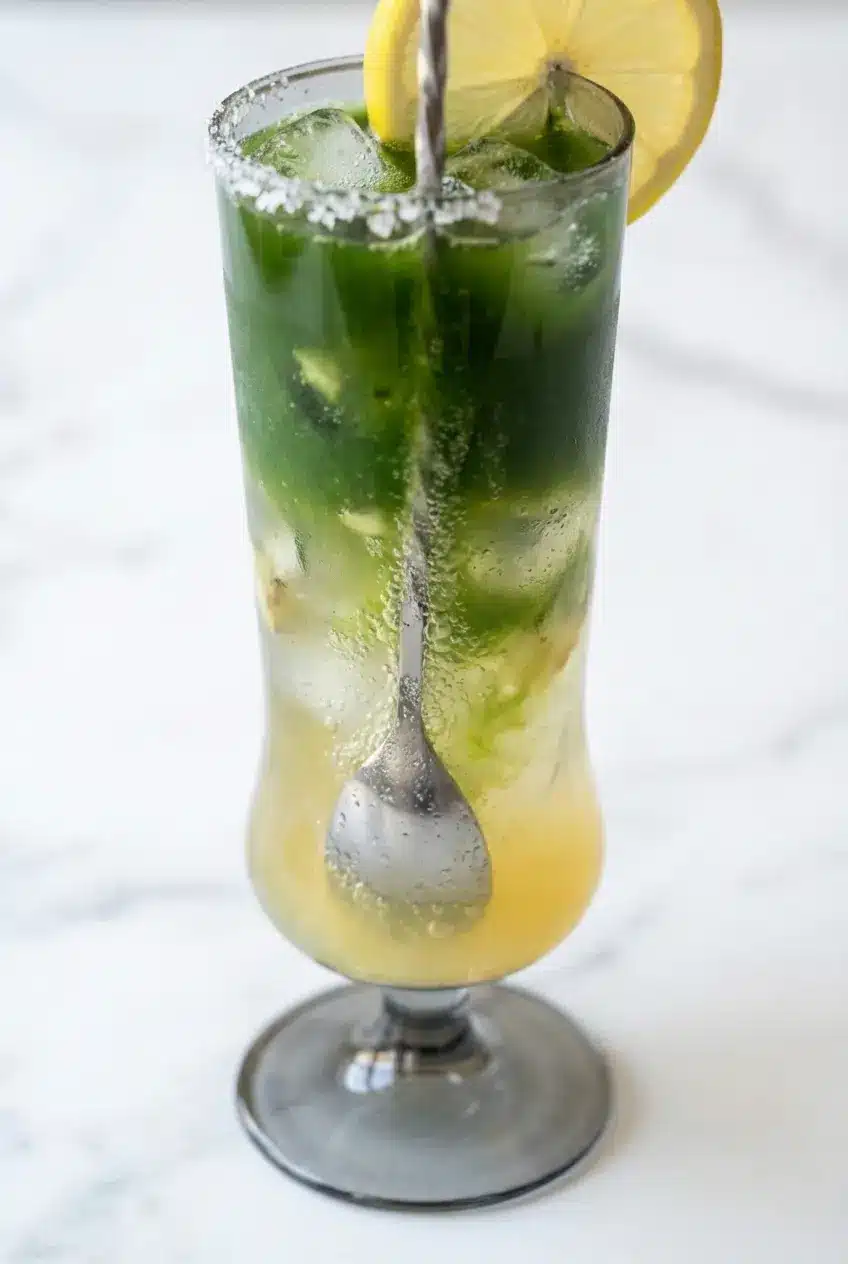 Pouring sparkling water into a highball glass to finish the refreshing yuzu lemonade recipe over ice.