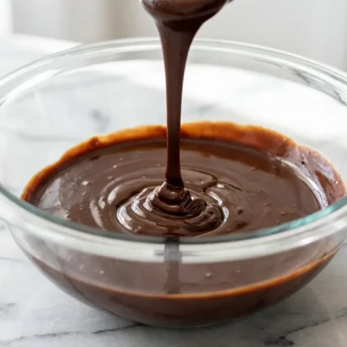 Decadent Mocha Ganache Recipe showing a glossy finish from cold butter, flavored with bloomed espresso powder and sea salt.