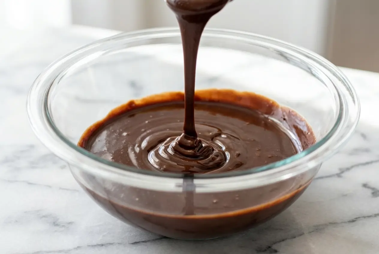 Decadent Mocha Ganache Recipe showing a glossy finish from cold butter, flavored with bloomed espresso powder and sea salt.
