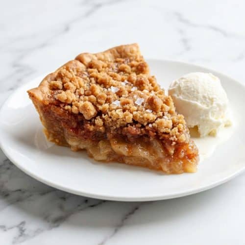 Finished mock apple pie recipe topped with a brown butter crumb and flaky sea salt in a vintage pie dish.