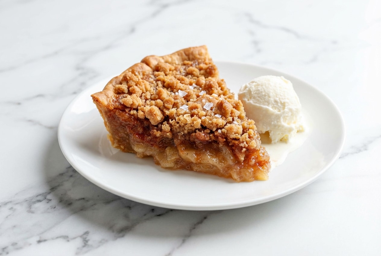 Finished mock apple pie recipe topped with a brown butter crumb and flaky sea salt in a vintage pie dish.