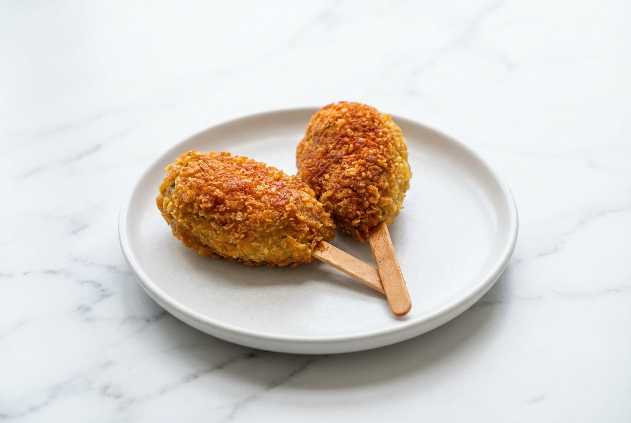 Crispy mock chicken legs coated in brown butter toasted cornflake crumbs, seasoned with smoked paprika on a rustic platter.