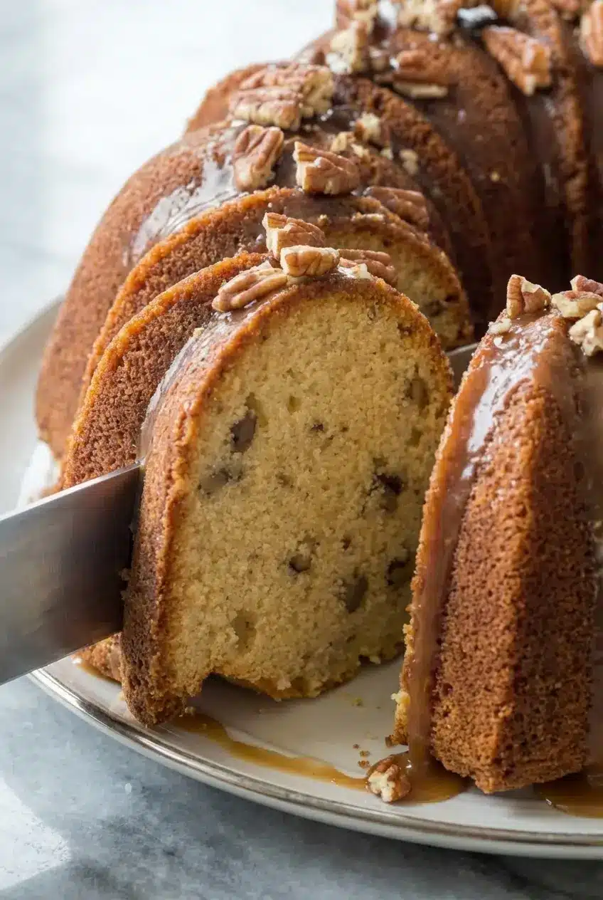 Close-up detail of the moist, fine crumb texture inside a slice of Pecan Sour Cream Pound Cake.
