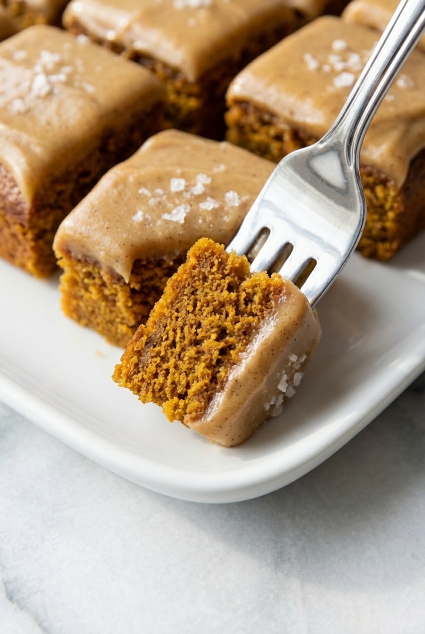 A close-up view of a single pumpkin bar with caramel frosting, highlighting its moist and tender crumb texture.