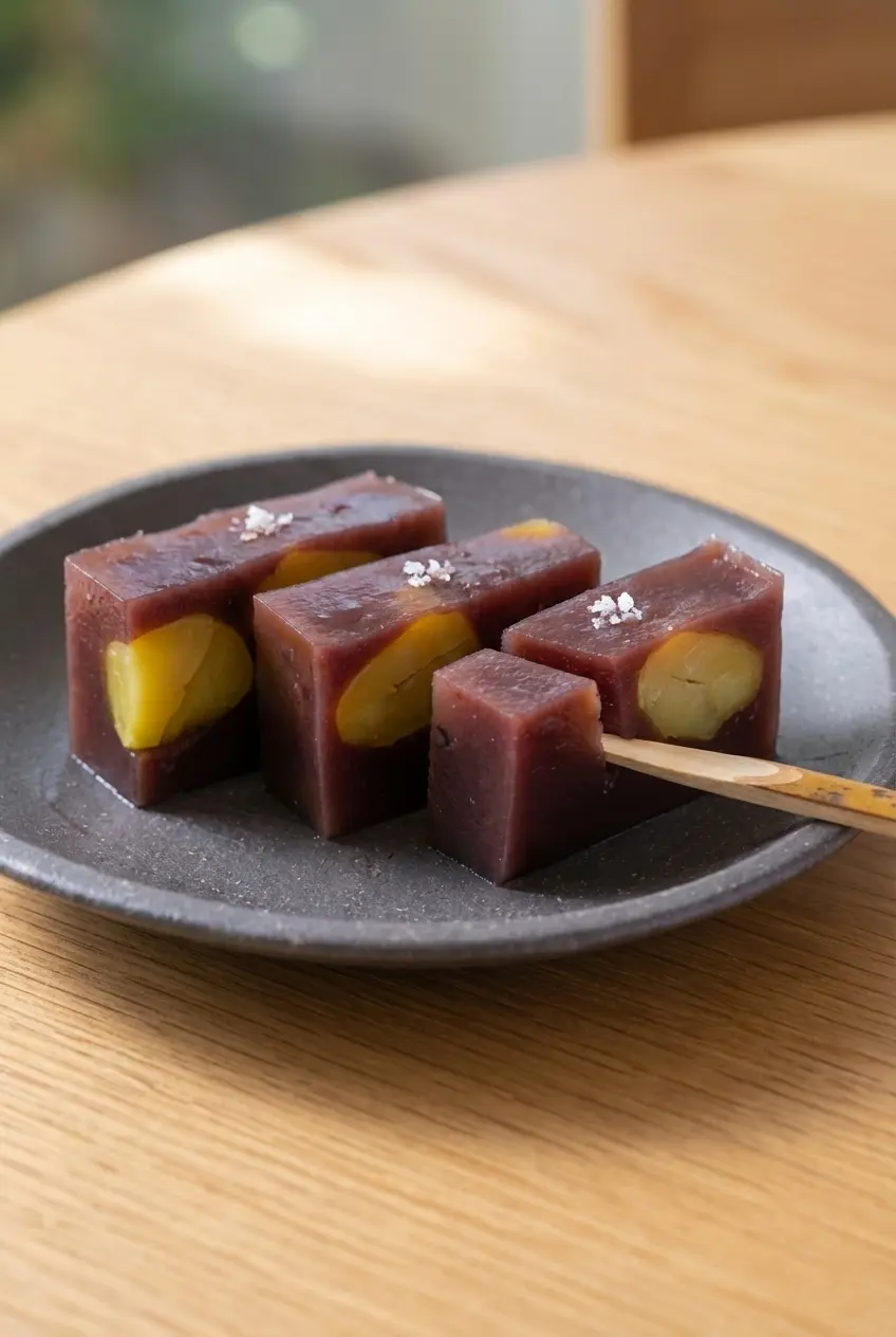 Pouring the Hojicha-infused Yokan Jelly Recipe mixture into a traditional nagashikan mold to set into a smooth block.