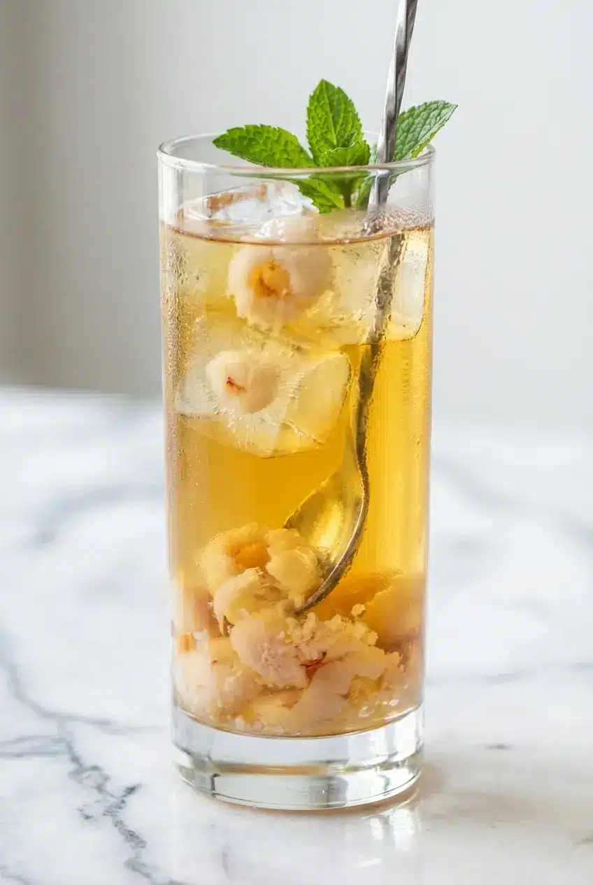 Close up of muddling fruit with sea salt in a glass to build the perfect Lychee Tea Recipe flavor.