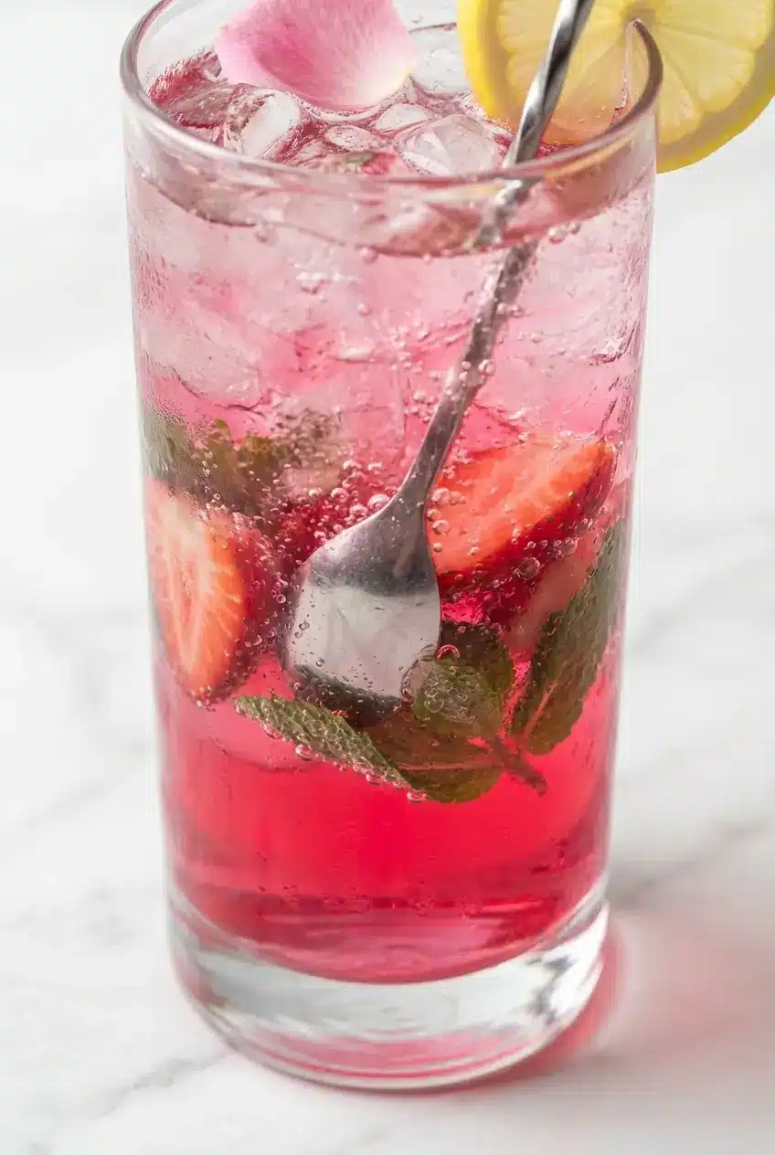 Muddling fresh strawberries in a glass to create a vibrant base for a zero-proof Pink Mocktail.