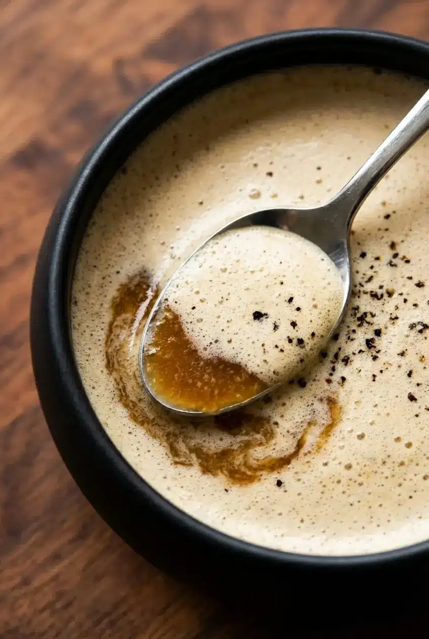 A steaming mug of our Mushroom Tea recipe resting next to a milk frother and dried functional mushrooms on a wooden table.