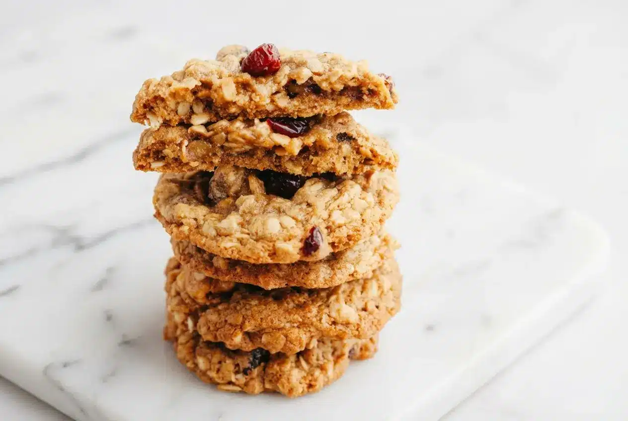 Chewy oatmeal cranberry cookies made with brown butter and plump, orange juice-soaked berries stacked on a cooling rack.