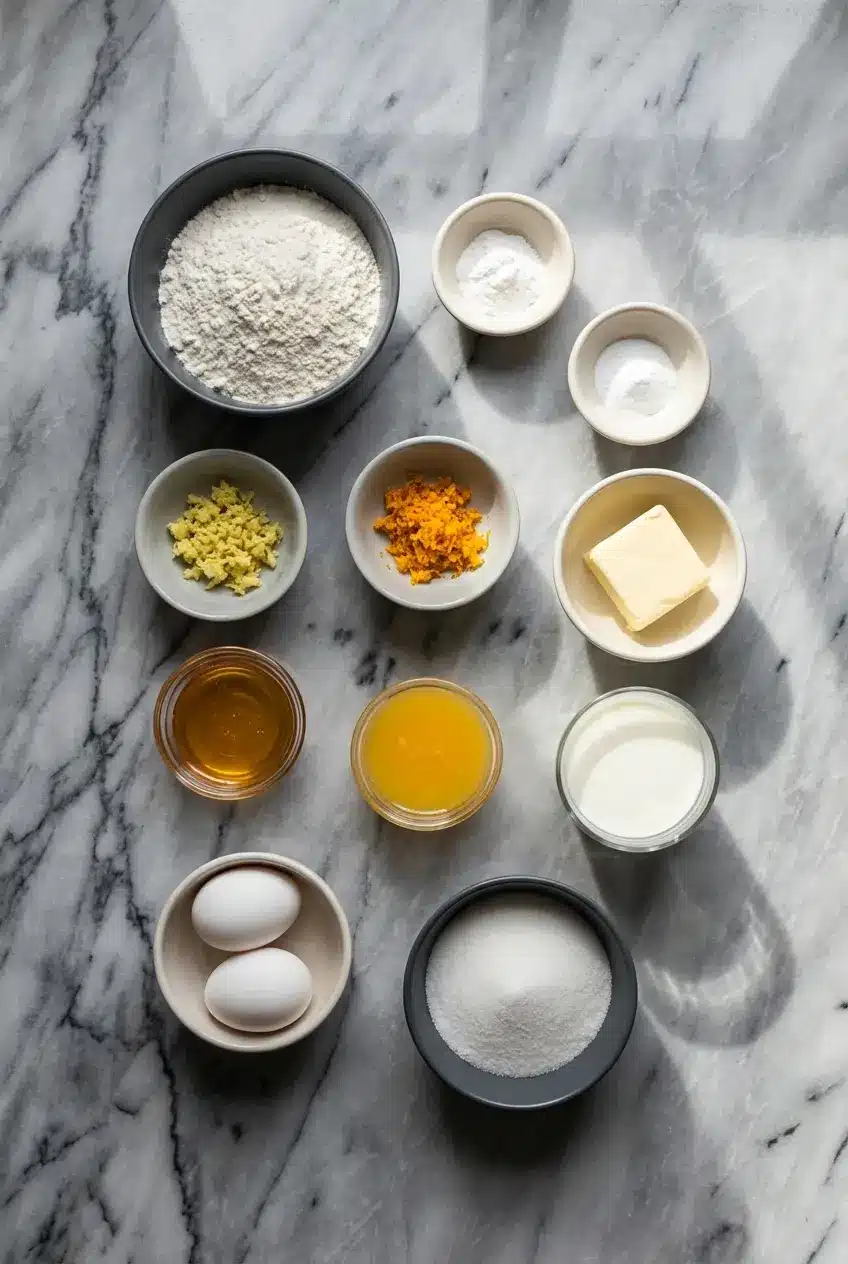 Baking ingredients for Orange Ginger Honey Cake including orange blossom honey, crystallized ginger, and room temperature eggs.