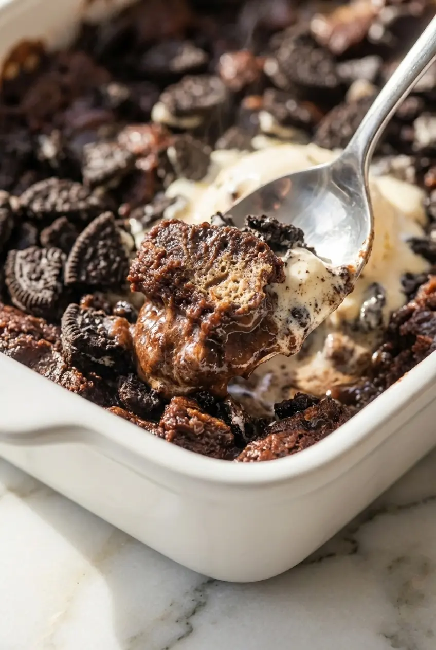 Close up view of the crispy, cobbler-like texture on top of an Oreo Dump Cake Recipe showing the melted grated butter.