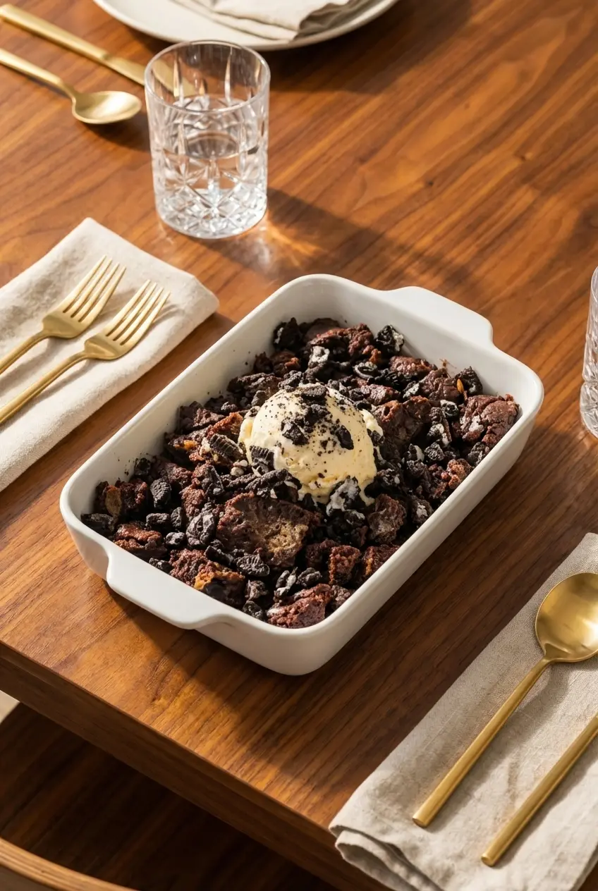A generous scoop of this TikTok viral Oreo Dump Cake Recipe served in a bowl and topped with melting vanilla ice cream.
