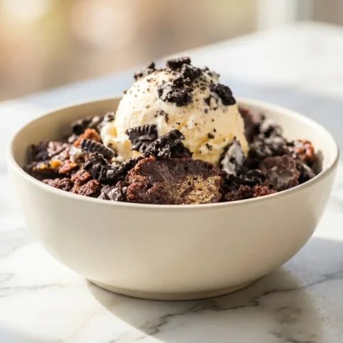 A rich, warm Oreo Dump Cake Recipe featuring a perfectly baked cobbler-like crust made from evenly grated frozen butter.