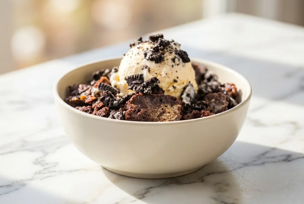 A rich, warm Oreo Dump Cake Recipe featuring a perfectly baked cobbler-like crust made from evenly grated frozen butter.
