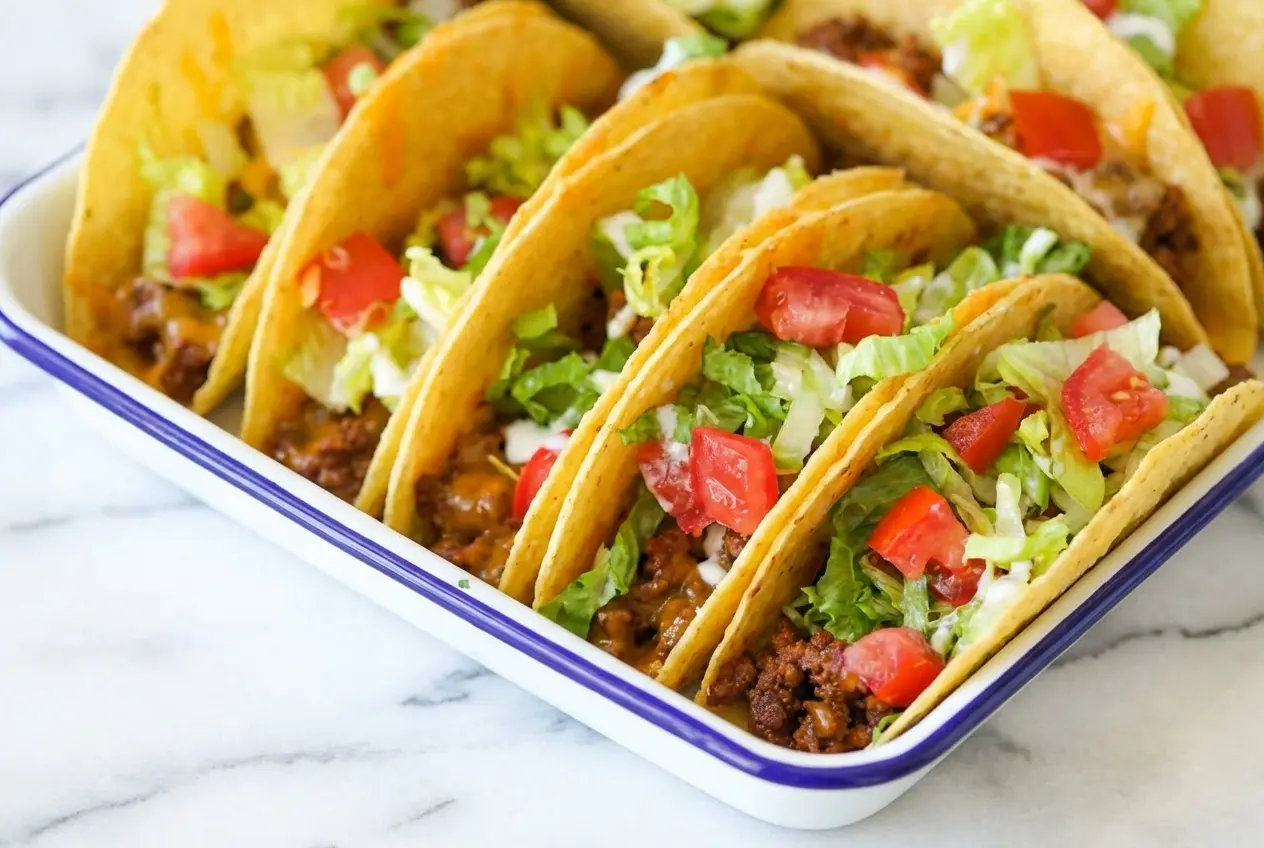 Oven Baked Cheesy Tacos in a casserole dish, featuring perfectly crispy shells thanks to a refried bean and cheese barrier.