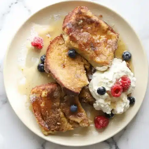 Overnight Crème Brûlée French Toast with a caramelized brown butter base and a hard, glassy torched sugar crust on top.