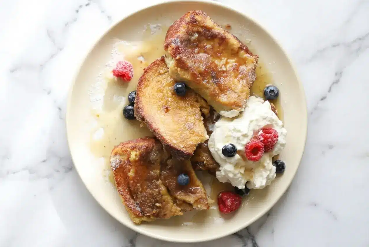Overnight Crème Brûlée French Toast with a caramelized brown butter base and a hard, glassy torched sugar crust on top.