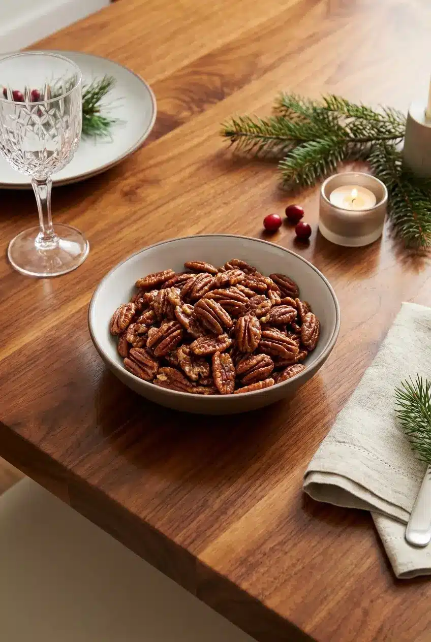 A glass mason jar filled with freshly made Candied Nuts tied with a holiday ribbon, sitting on a rustic wooden table.