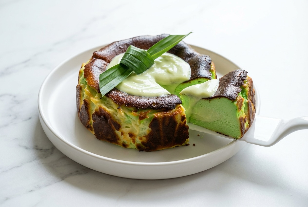 A slice of pandan basque cheesecake with a dark burnt top and vibrant green, coconut cream infused custard center on a plate.
