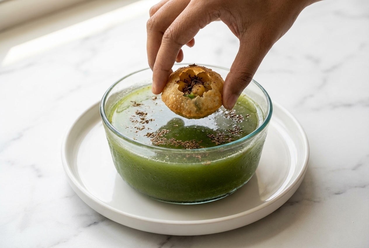 Crispy puris for this Pani Puri Recipe filled with ragda alongside chilled mint water infused with roasted bhuna jeera.