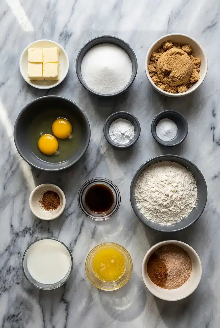 Overhead view of ingredients for Cinnamon Sugar Donut Muffins including buttermilk, Vietnamese cinnamon, and unsalted butter.