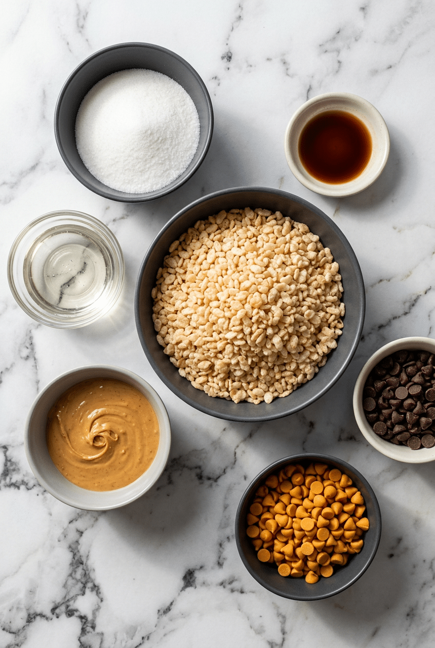 Ingredients for a Scotcharoos recipe laid out, including crisp rice cereal, peanut butter, butterscotch chips, and chocolate chips.