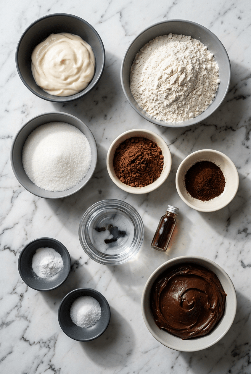 Ingredients for chocolate mayonnaise cake arranged on a surface, including a jar of mayonnaise, cocoa powder, flour, and eggs.