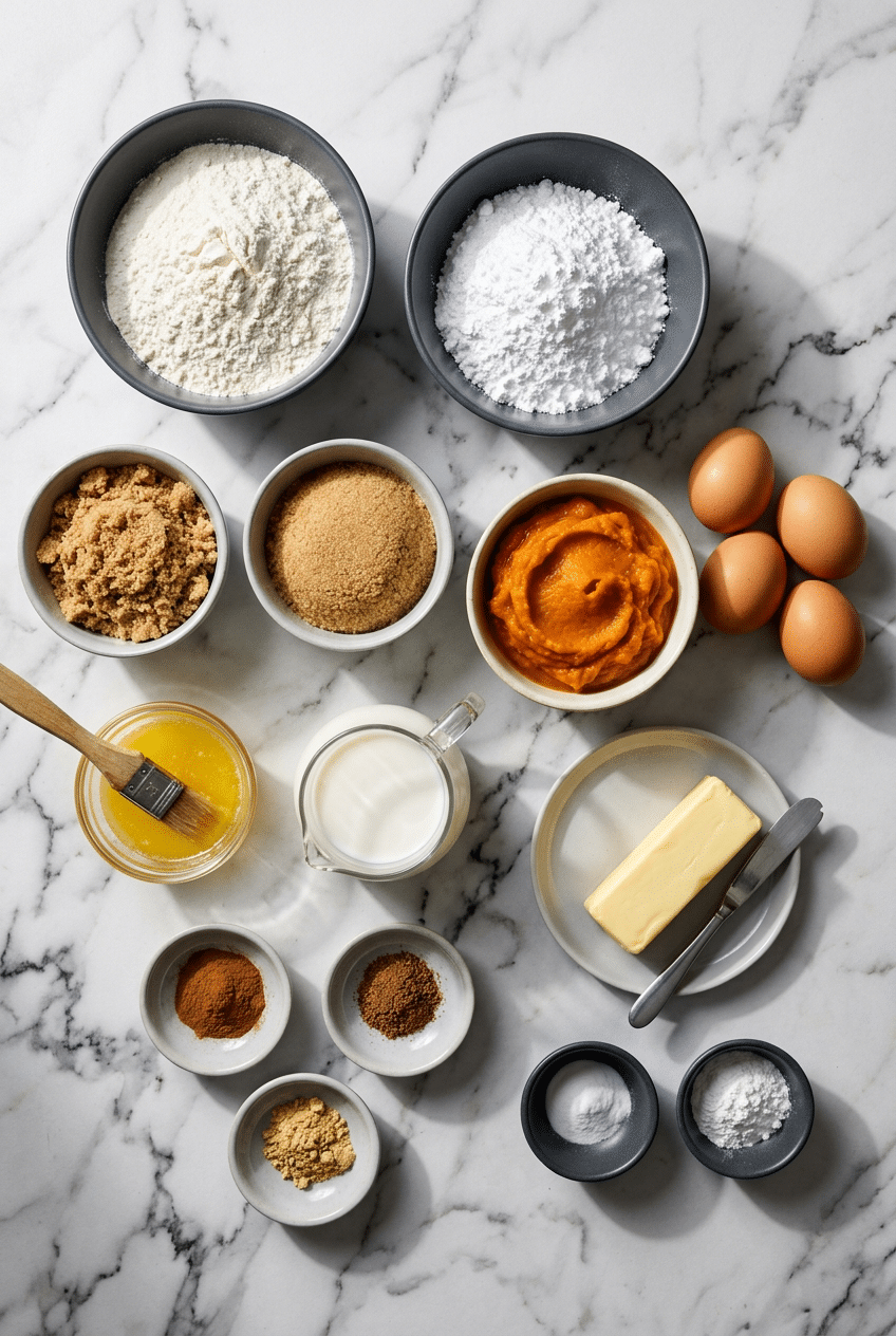 Ingredients for pumpkin bars with caramel frosting laid out, including pumpkin puree, brown sugar, eggs, and warm spices.