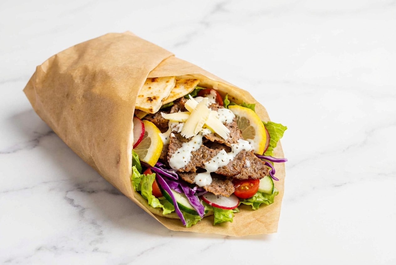 Slices of Parchment Doner Kebab with crispy edges made using the frozen butter grate technique.