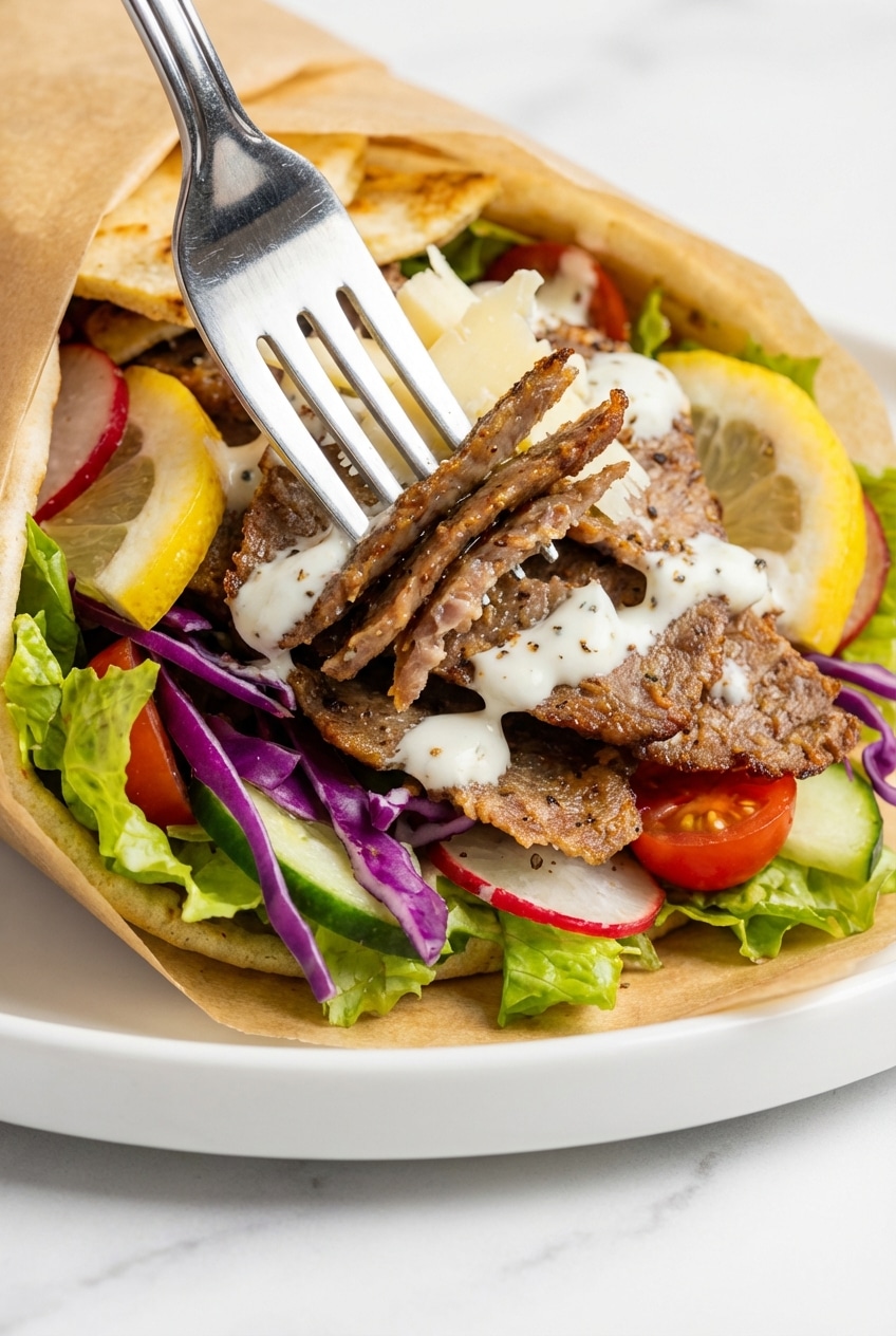 Thinly sliced Parchment Doner Kebab meat piled high next to creamy toum garlic sauce.