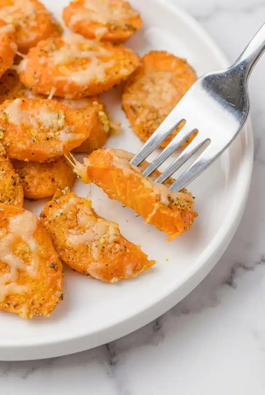 Golden, caramelized edges on Parmesan Garlic Roasted Carrots resting on a metal baking sheet right out of the oven.