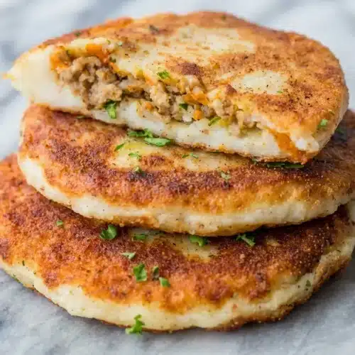 Crispy mashed potato pancakes with meat filling, pan-fried in rosemary oil with a savory parmesan crust.