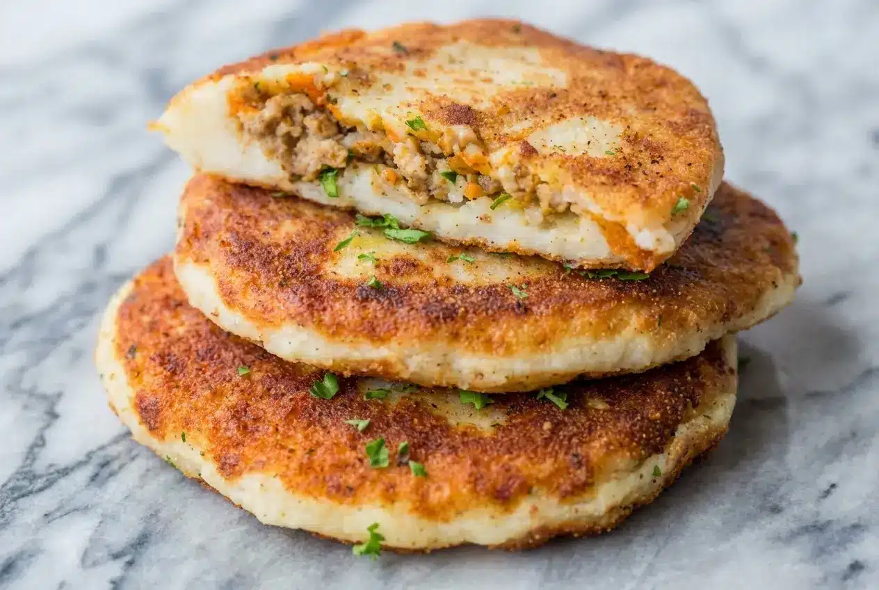 Crispy mashed potato pancakes with meat filling, pan-fried in rosemary oil with a savory parmesan crust.