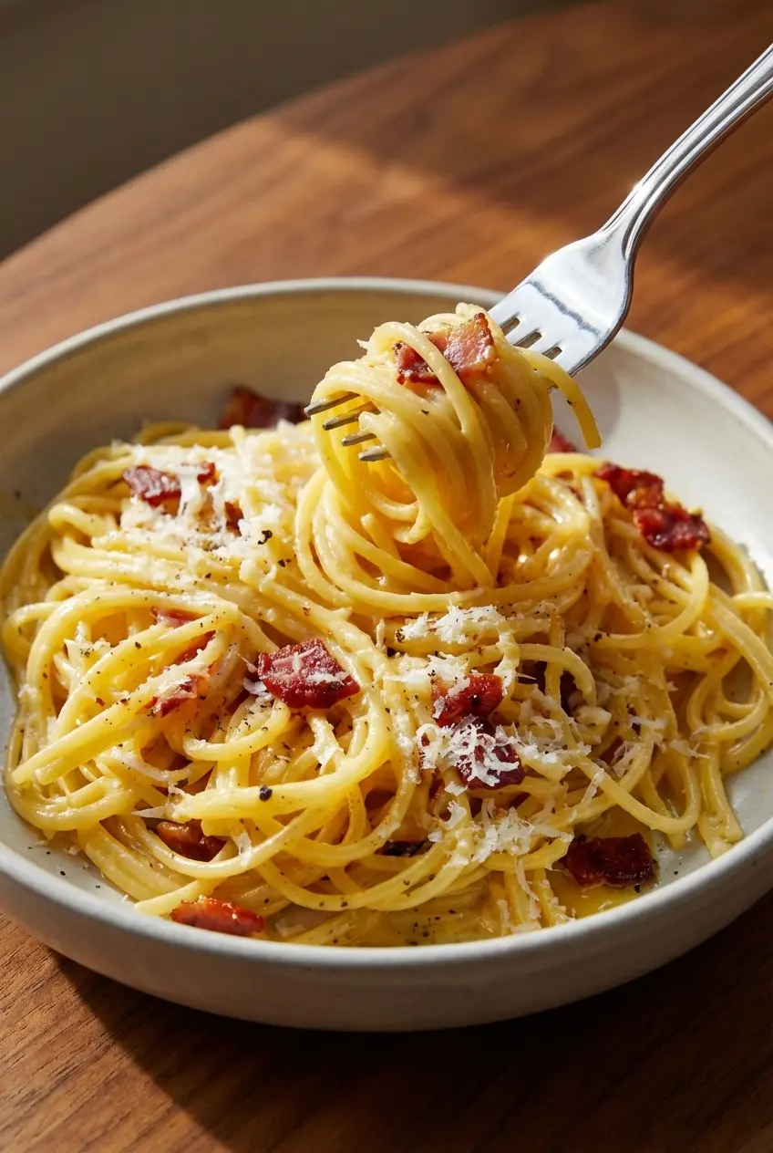 Close-up of the glossy, fat-tempered egg and cheese emulsion coating the al dente pasta carbonara.