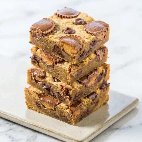 Brown butter peanut butter cup gooey cookie bars topped with flaky sea salt in a square baking pan.