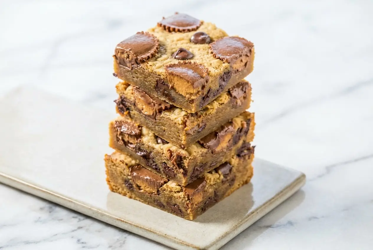 Brown butter peanut butter cup gooey cookie bars topped with flaky sea salt in a square baking pan.