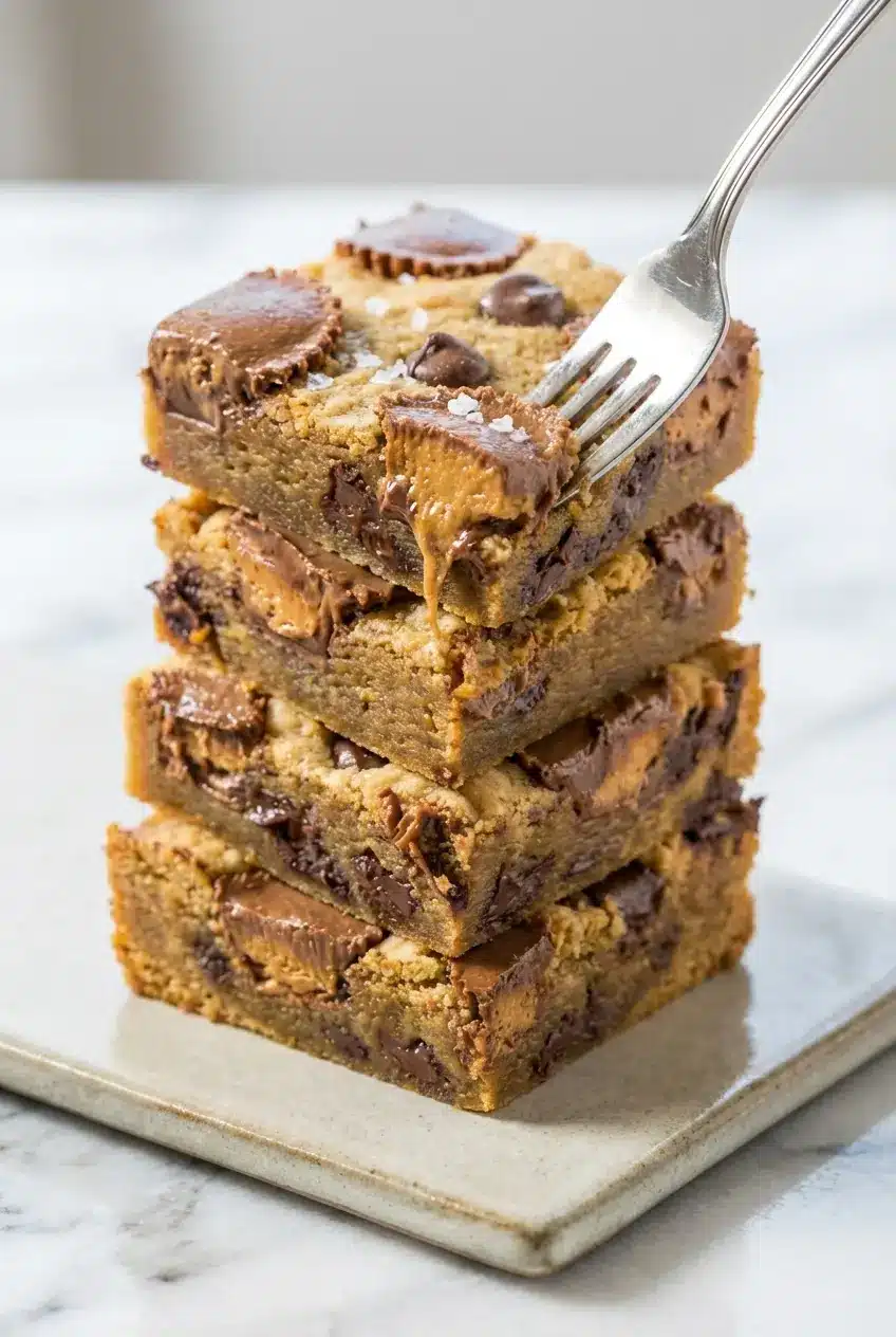 Close-up of the molten chocolate and soft blondie base texture of peanut butter cup gooey cookie bars.