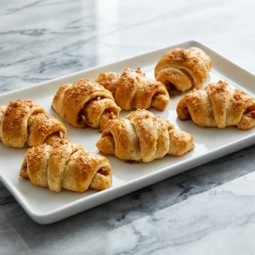 Golden Pecan Pie Crescent Rolls with a fragrant brown butter and vanilla bean glaze on a parchment-lined sheet.