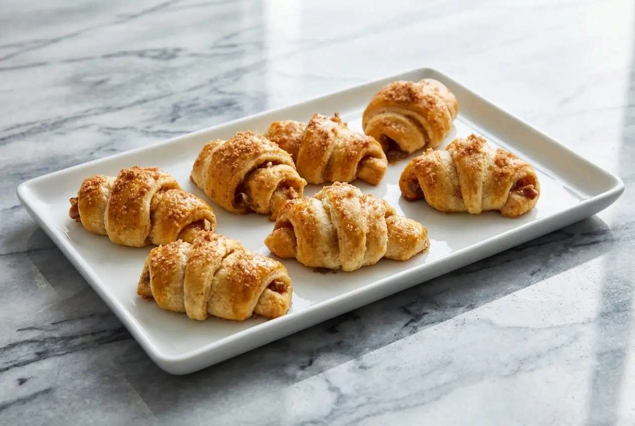 Golden Pecan Pie Crescent Rolls with a fragrant brown butter and vanilla bean glaze on a parchment-lined sheet.