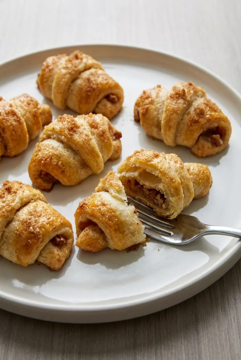 Close-up of the flaky pastry texture and caramelized edges of Pecan Pie Crescent Rolls.
