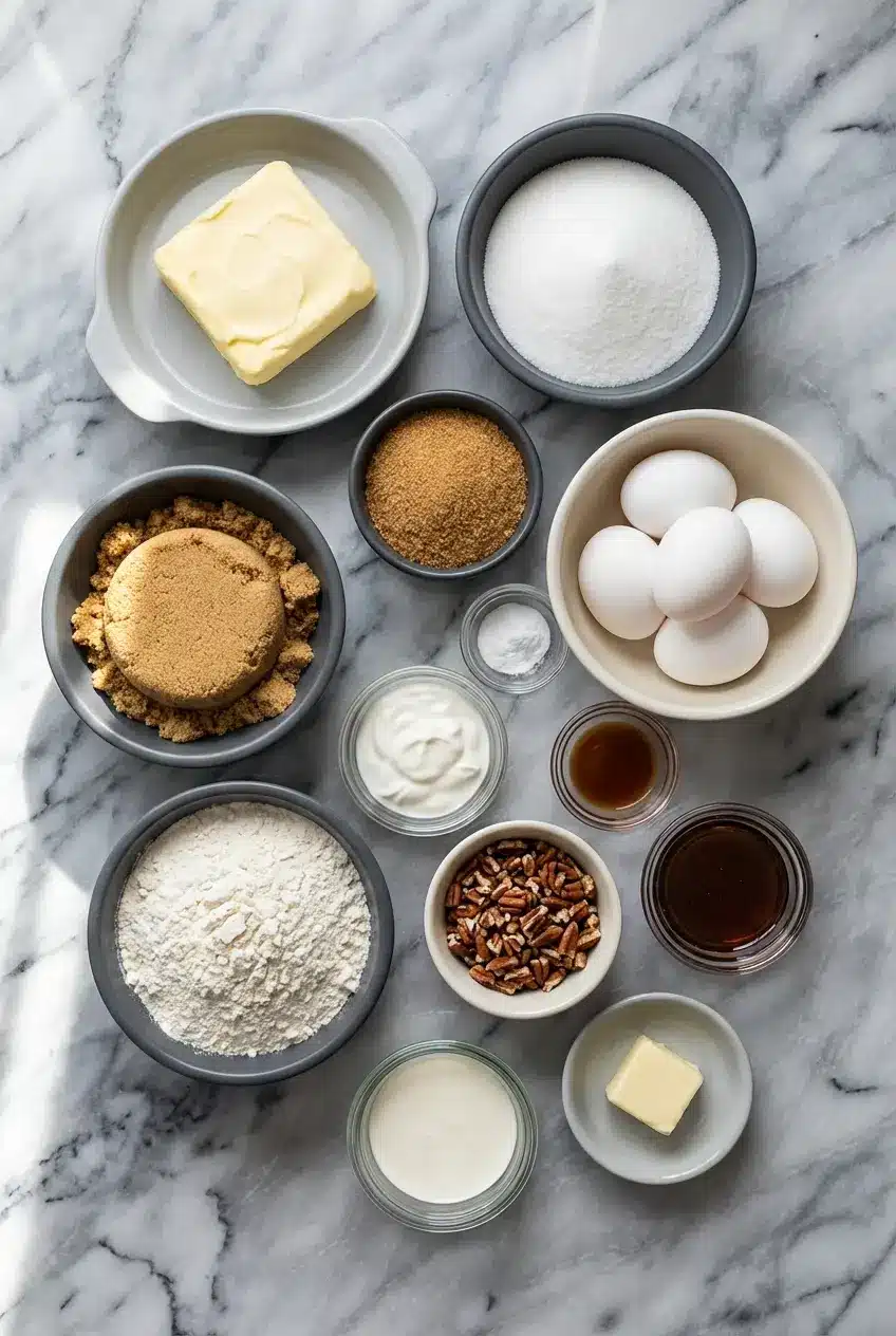 Flat lay of Pecan Sour Cream Pound Cake ingredients including toasted pecans, cake flour, and room temperature butter.