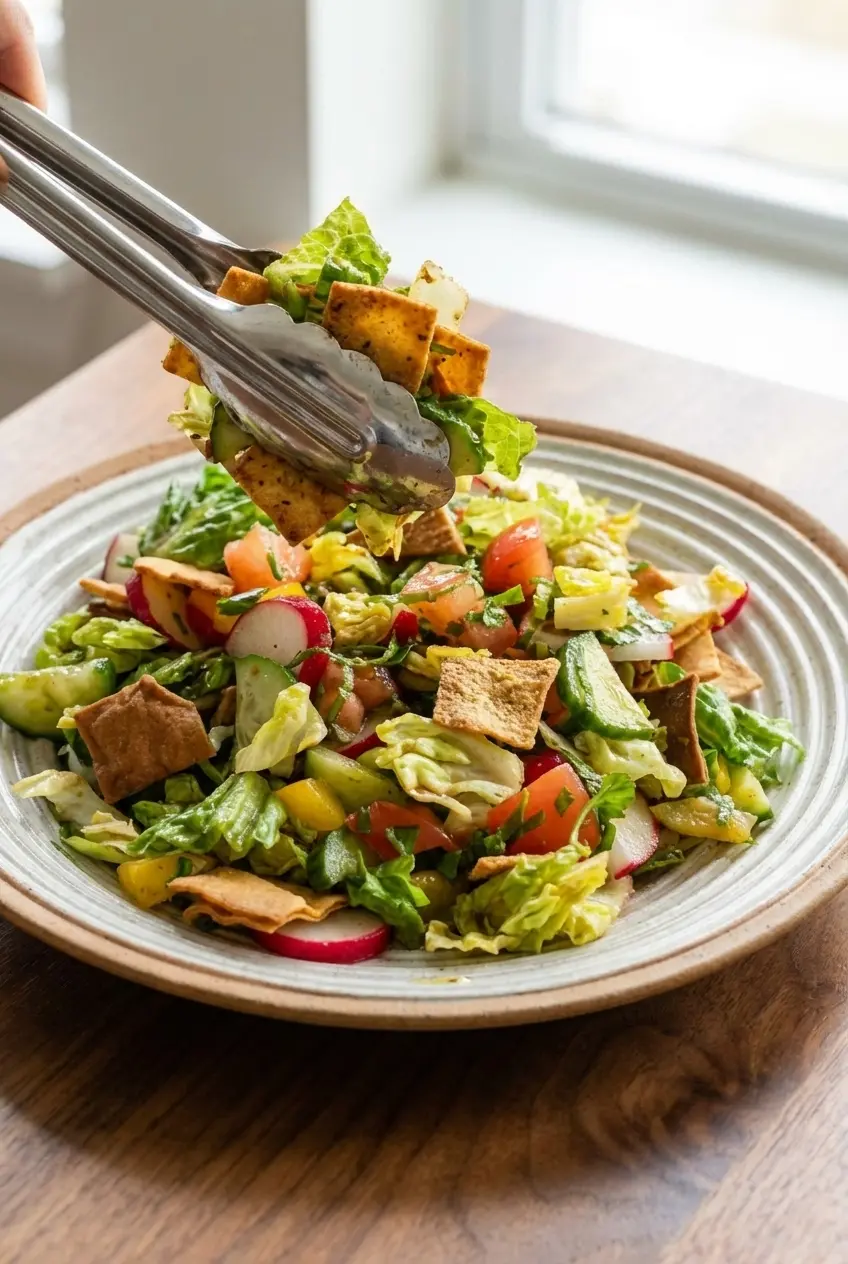 Close-up of golden, pan-fried pita chips seasoned with za'atar and garlic for a classic lebanese fattoush salad recipe.